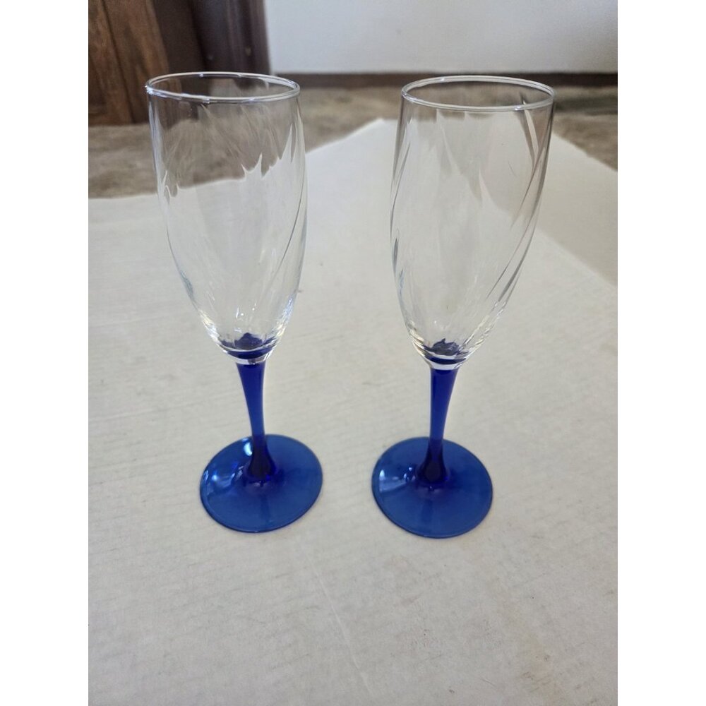 Vintage Cobalt‎ Blue Stem Champagne Flute Wine Glasses 8.25"